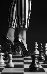 A woman wearing black high heels steps on the chessboard, with her foot stepping on several pieces of wood and white chess pawns scattered around it. 