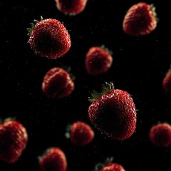 Juicy ripe strawberries with water droplets falling against a black background in close-up lighting environment