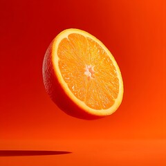 Bright orange half with juicy segments on vibrant orange background with soft shadow