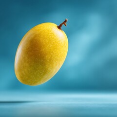 Floating yellow pear on a blue background with soft lighting and smooth surface