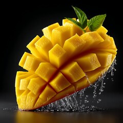 Sweet ripe mango sliced into cubes with fresh green leaves and water droplets on a dark background