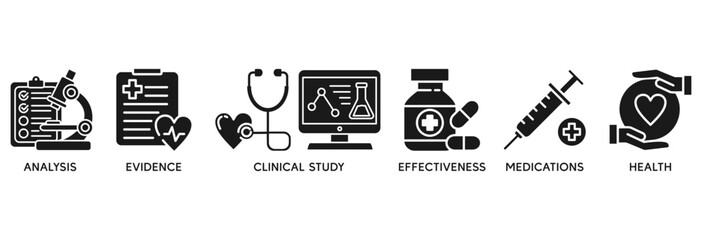 Clinical research icon set vector illustration concept relate to analysis, evidence, clinical study, effectiveness, medications and health