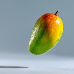 Fresh mango with water droplets falling, vibrant green and red skin, smooth surface, minimaic light blue background