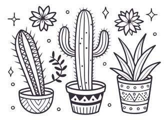 Hand-Drawn Cactus & Succulent Doodle Vector Set – Cute Botanical Illustrations for Stickers, Prints & Decor