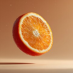 Juicy fresh orange half suspended in mid-air with a soft beige background and subtle shadowing