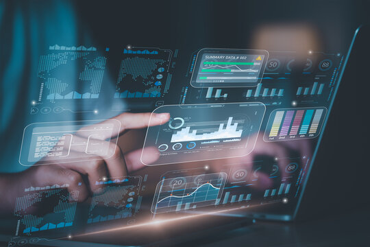 Businessman using AI technology for financial data analysis and secure banking systems. Fintech growth strategy, economic forecasting, market research, investment planning, and cyber risk control. - Powered by Adobe