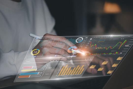 AI-powered system for financial data analytics, banking cybersecurity, and enterprise planning. Businessman analyzing KPI dashboard, market strategy, economic forecast, and digital finance growth.