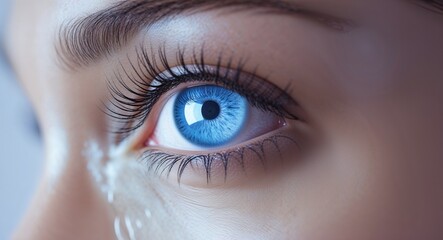 Obraz premium Close-Up of Blue Eye with Long Eyelashes and Glossy Reflection on Smooth Skin Background