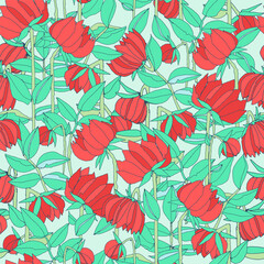 Seamless pattern with hand drawn meadow bold flowers. Colorful illustrations on blue background for surface design and other design projects