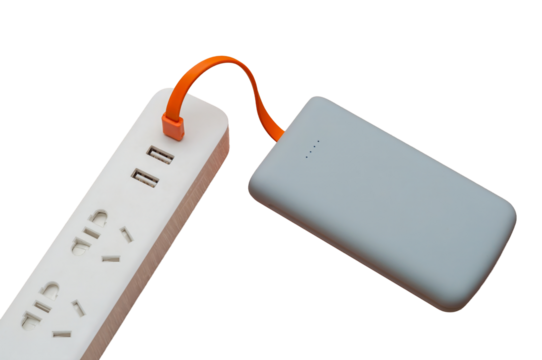 A power strip is connected to a portable power bank, ready to charge with an orange cable, all on a white background.