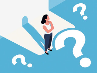 Young woman doubts and questioning everything. 2D illustration.