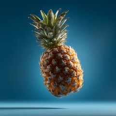 A fresh ripe pineapple with spiky leaves floating in midair against a dark background with dramatic lighting