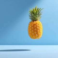 Fresh pineapple fruit with green spiky leaves on a light blue background with shadow, minimaic modern tropical fruit display