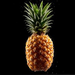 Bright yellow pineapple with green spiky leaves against a black background, illuminated to highlight texture and shine in a close-up shot