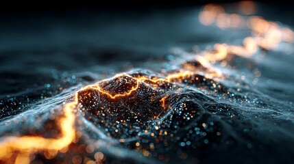 Futuristic abstract technology background with flowing orange particle line over deep blue digital ocean, symbolizing innovation, data flow, high-end connectivity and advanced tech