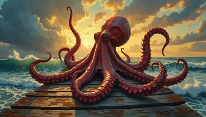 Obraz premium Giant Octopus on a Wooden Dock at Sunset
