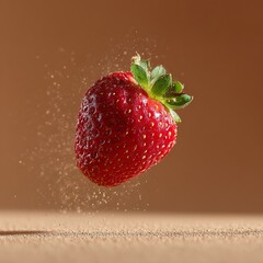 A ripe red strawberry with green leaves floating mid-air against a smooth brown background