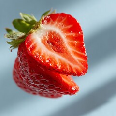 Fresh ripe strawberry with a juicy interior, bright red color, green leafy cap, and water droplets on surface, on light blue background