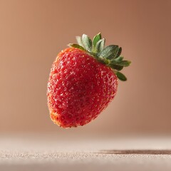 Close-up of a ripe red strawberry with green leaves floating in midair on a neutral background with soft lighting