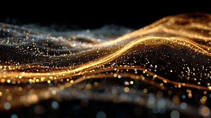 Fototapeta premium Futuristic high-end technology background with gold particle ocean and glowing orange stream line, dynamic abstract digital design conveying innovation, advancement, and premium visual experience