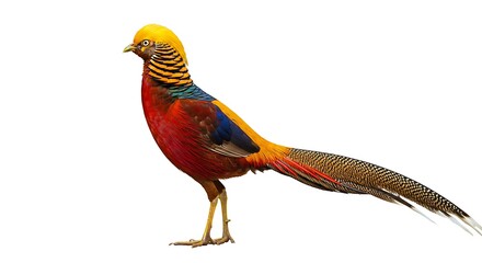 A magnificent male Golden Pheasant (Chrysolophus pictus) displays its spectacularly vibrant and intricate plumage. 