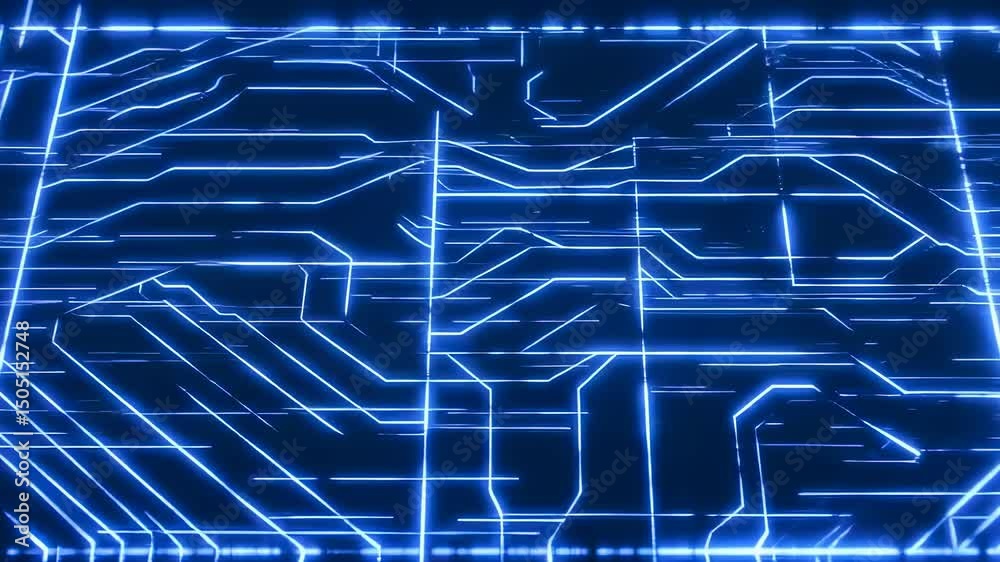 Poster blue glowing network lines form a circuit board pattern on dark background. abstract grid transmits 