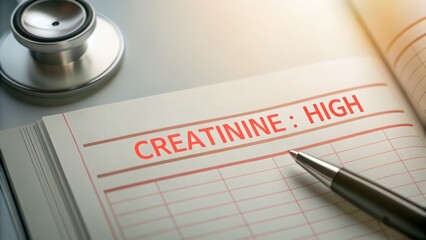 Early Signs of Kidney Failure Symptoms and the Importance of Awareness Concept, Medical report indicating high creatinine levels with a stethoscope and pen nearby.