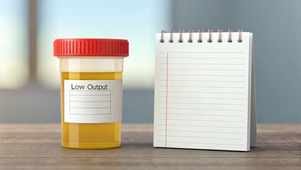 Early Signs of Kidney Failure Symptoms and the Importance of Awareness Concept, Container of urine labeled "Low Output" beside a blank notepad on a table.