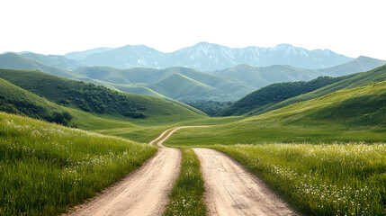 Fototapeta premium Serene Country Road Winding Through Lush Green Hills Under a Majestic Mountain Range