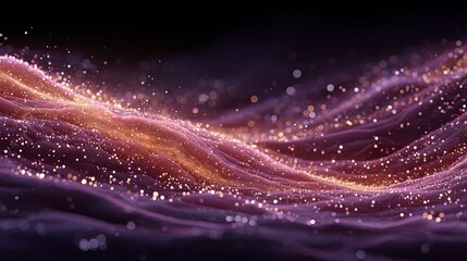 Futuristic dynamic purple particle ocean with flowing orange wave line, representing cutting-edge technology and avant-garde digital concept for high-end tech visual presentations