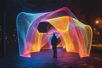 Colorful Light Arches in Night Park