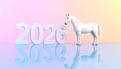 新年2026の数字と干支の白い馬。背景はパステルカラーのグラデーション。AIで生成