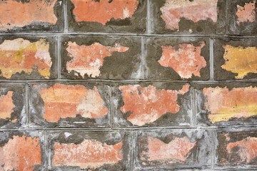 red old brick wall background, brick wall texture, structure. old broken brick, cement joints,...