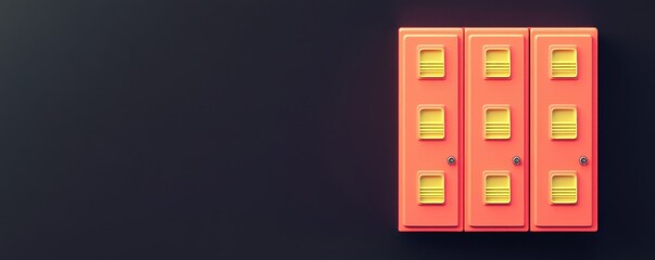 3d illustration of classic school lockers in red color, lined up against a wall