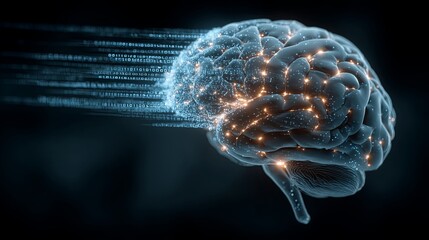 Obraz premium Futuristic AI brain model made of glowing light surrounded by data streams, binary code and neuron network on blue gradient background