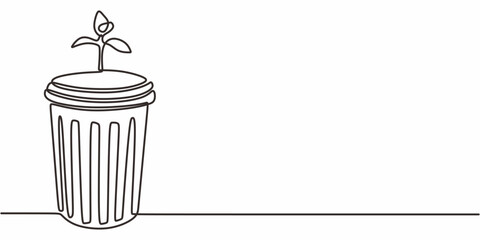 Growing plant trash can one line. Waste recycling vector. Environmental hope. Eco art.