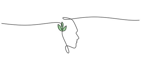 Plant head slice continuous line. Mental health vector. Nature connection. Eco mind.