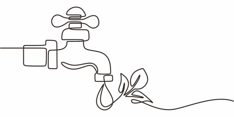 Butterfly water drops faucet one line. Environmental purity vector. Conservation. Eco.