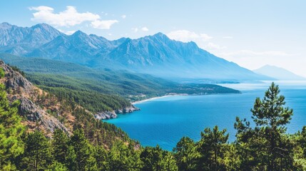 Beautiful landscape showcases mountains alongside a clear blue sea, framed by lush greenery under a bright sky