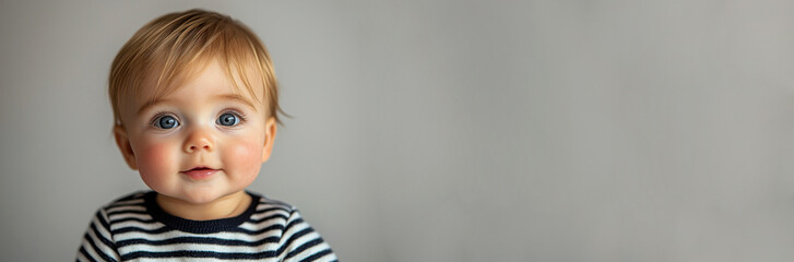 Naklejka premium Smiling baby with blue eyes and blonde hair in striped shirt looking at camera against soft neutral background Generative AI