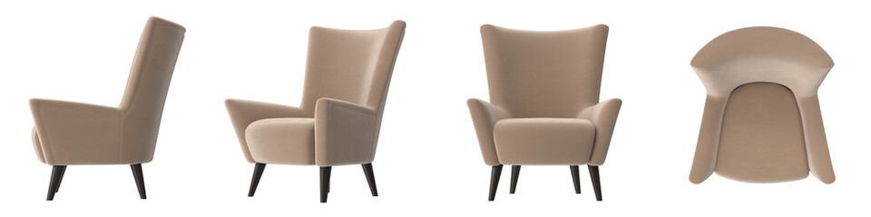 high back wing armchair with modern legs multiple view isolated. © changnam37