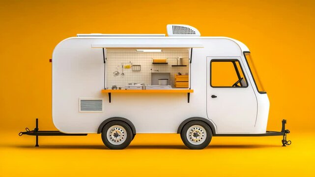 White food truck with a yellow background. The truck is parked on a yellow surface