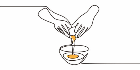 Hand pouring egg one line. Cooking process vector. Baking illustration.