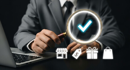 Businessman Analyzing Data with Magnifying Glass Ensuring Quality and Success