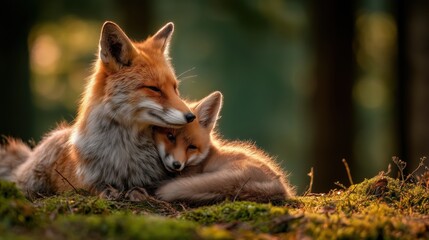 Red fox mother cuddling her baby fox in green forest