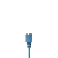 A blue USB cable with a rectangular connector is shown upright.