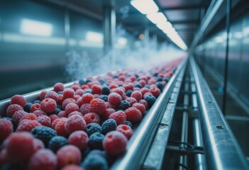 Nitrogen tunnel freezing mixed berries on a conveyor belt