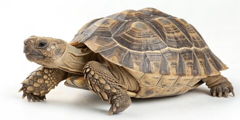 Slow wild turtle with a shell isolated on a white background