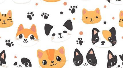 Obraz premium A vector illustration of cute cartoon dog and cat heads, expressive eyes and funny ears, simple line art, flat color blocks, bold black outlines with white border around each figure,