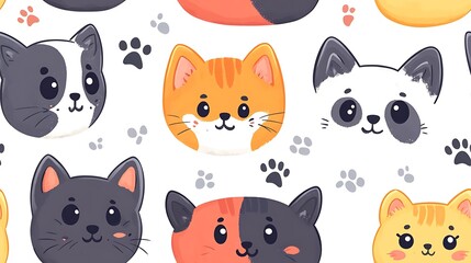 A vector illustration of cute cartoon dog and cat heads, expressive eyes and funny ears, simple line art, flat color blocks, bold black outlines with white border around each figure,